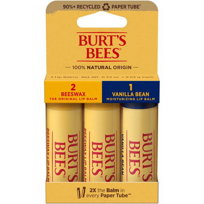 Burt's Bees Moisturizing Lip Balm - 2 Original Beeswax & 1 Vanilla Bean, 100% Natural Origin, 0.34 oz Each (3 Paper Tubes) Avelisse