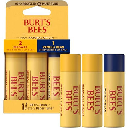 Burt's Bees Moisturizing Lip Balm - 2 Original Beeswax & 1 Vanilla Bean, 100% Natural Origin, 0.34 oz Each (3 Paper Tubes) Avelisse