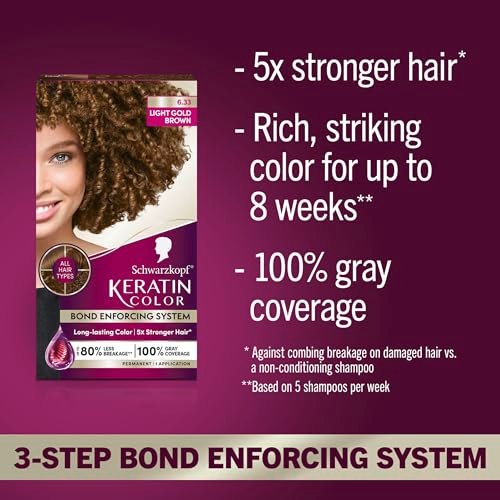 Schwarzkopf Keratin Permanent Hair Dye Cream, 6.33 Light Gold Brown - Professional Gray Coverage with Bond Enforcing System Avelisse