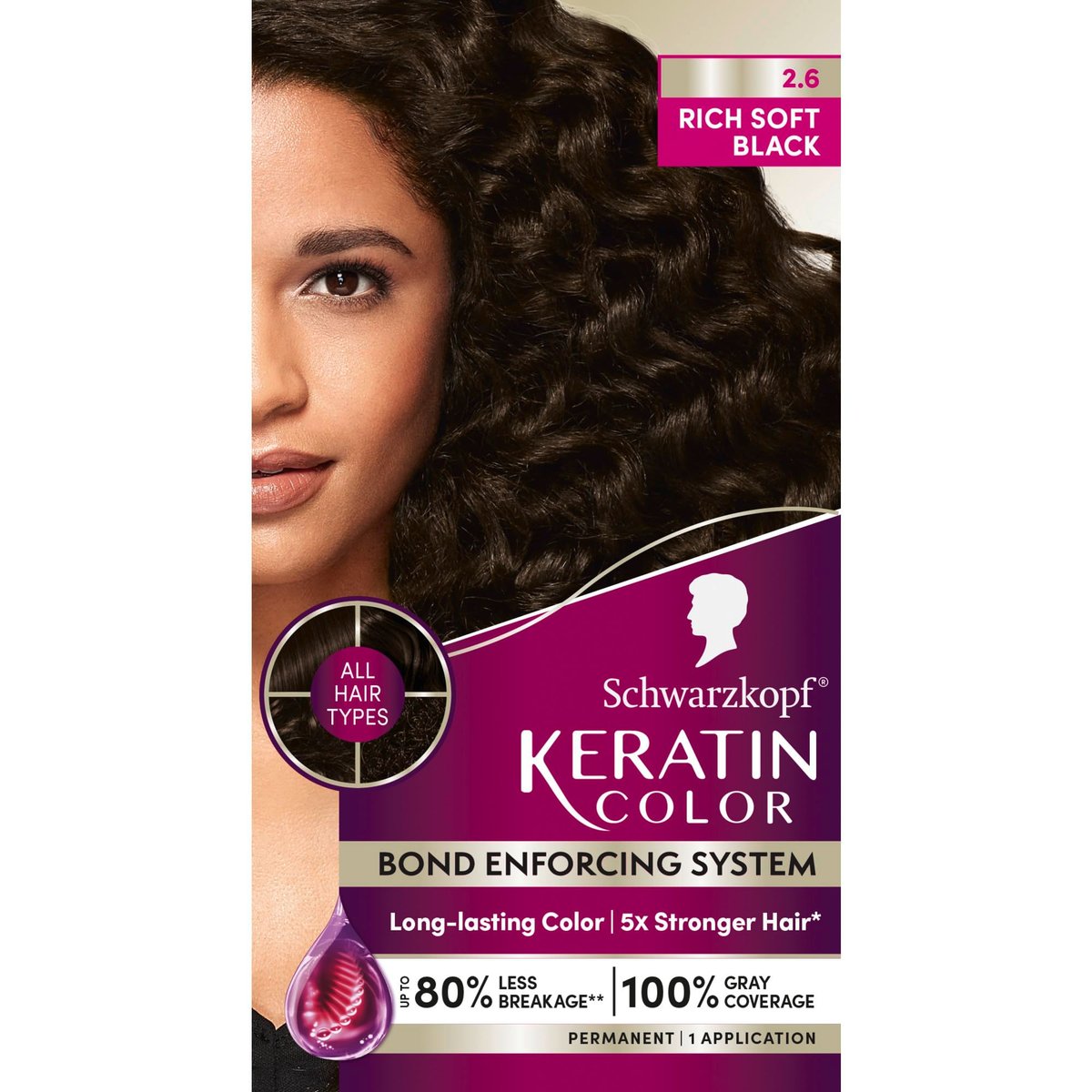 Schwarzkopf Keratin Permanent Hair Dye Cream 2.6 Rich Soft Black – Professional Gray Coverage with Bond Enforcing System Avelisse