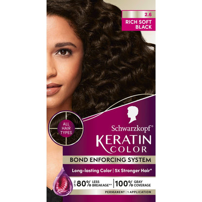Schwarzkopf Keratin Permanent Hair Dye Cream 2.6 Rich Soft Black – Professional Gray Coverage with Bond Enforcing System Avelisse