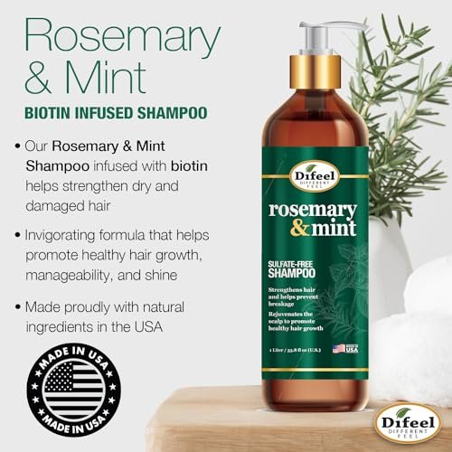 Difeel Rosemary Mint Strengthening Shampoo with Biotin - 33.8 oz - Natural Rosemary Oil for Hair Growth Avelisse