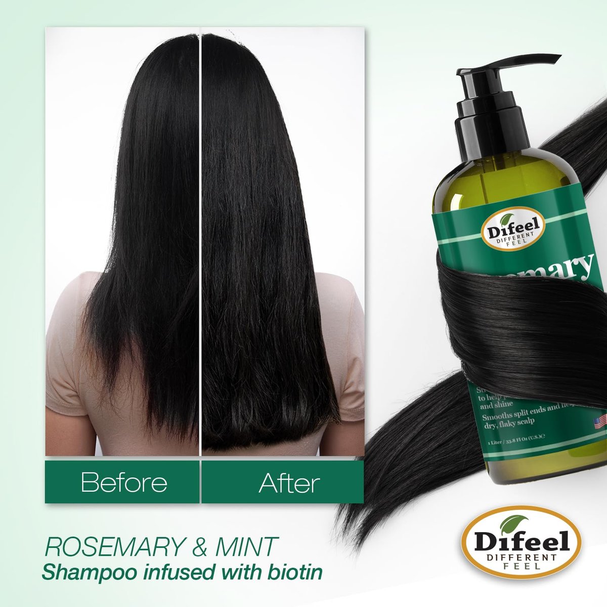 Difeel Rosemary Mint Strengthening Shampoo with Biotin - 33.8 oz - Natural Rosemary Oil for Hair Growth Avelisse