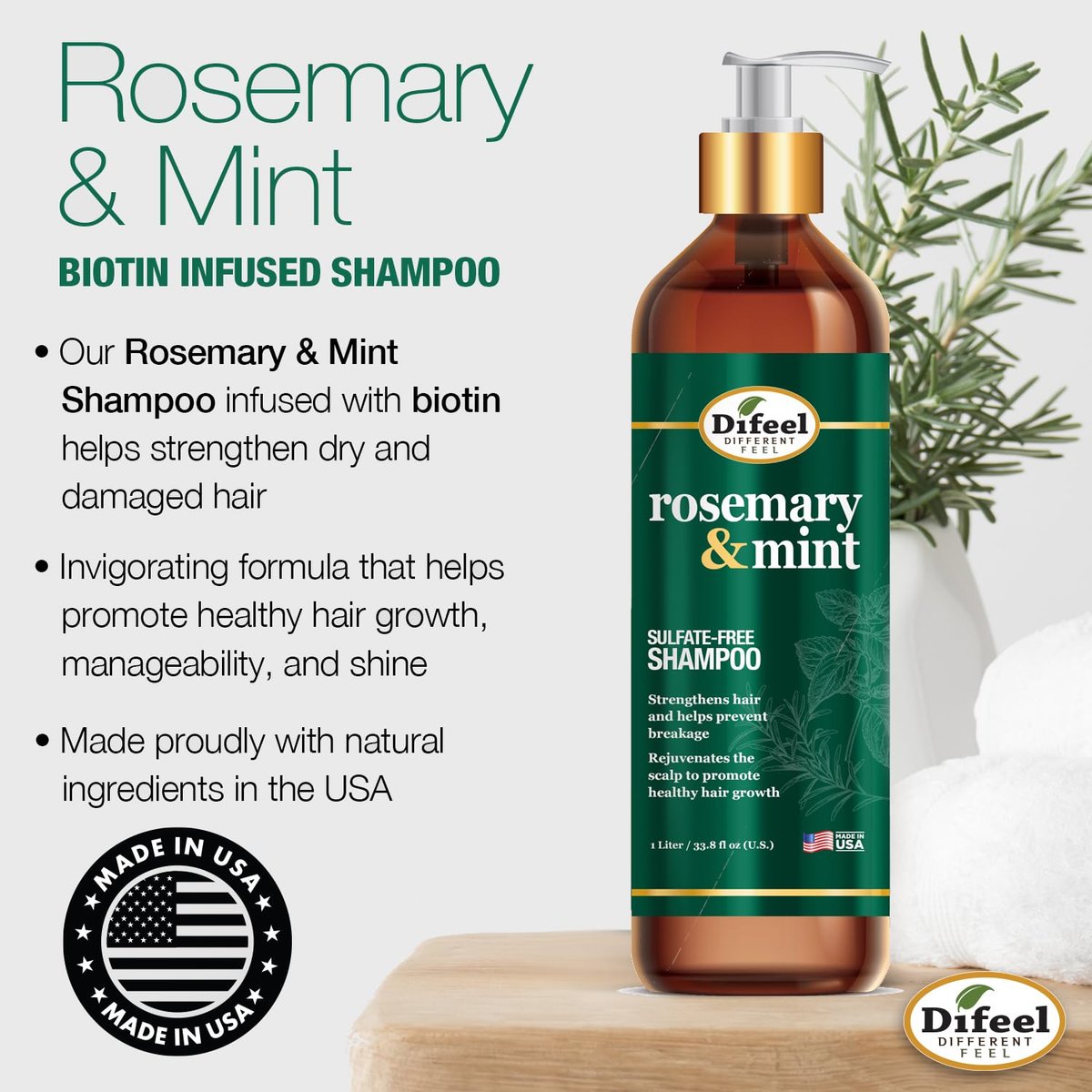 Difeel Rosemary Mint Strengthening Shampoo with Biotin - 33.8 oz - Natural Rosemary Oil for Hair Growth Avelisse