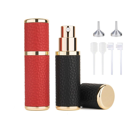 Sinyutia 2-Pack Perfume Atomizer Bottles (5ml Each) - Mini Refillable Empty Cologne Spray Bottles with Luxury Leather Case for Travel, Work, or On-the-Go - Black + Red