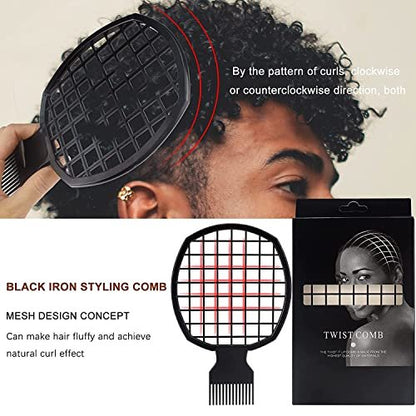 Magic Curl Sponge Set for Barber Hair Styling: Afro Twist Hair Brush, Metal Pick Comb, and Styling Combs (Black-A) Avelisse
