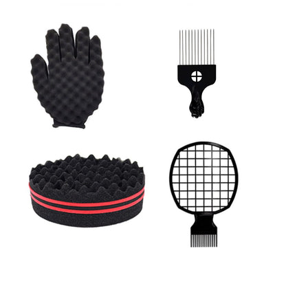 Magic Curl Sponge Set for Barber Hair Styling: Afro Twist Hair Brush, Metal Pick Comb, and Styling Combs (Black-A) Avelisse