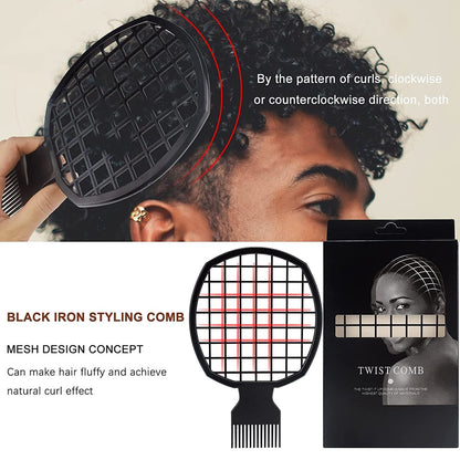 Magic Curl Sponge Set for Barber Hair Styling: Afro Twist Hair Brush, Metal Pick Comb, and Styling Combs (Black-A) Avelisse