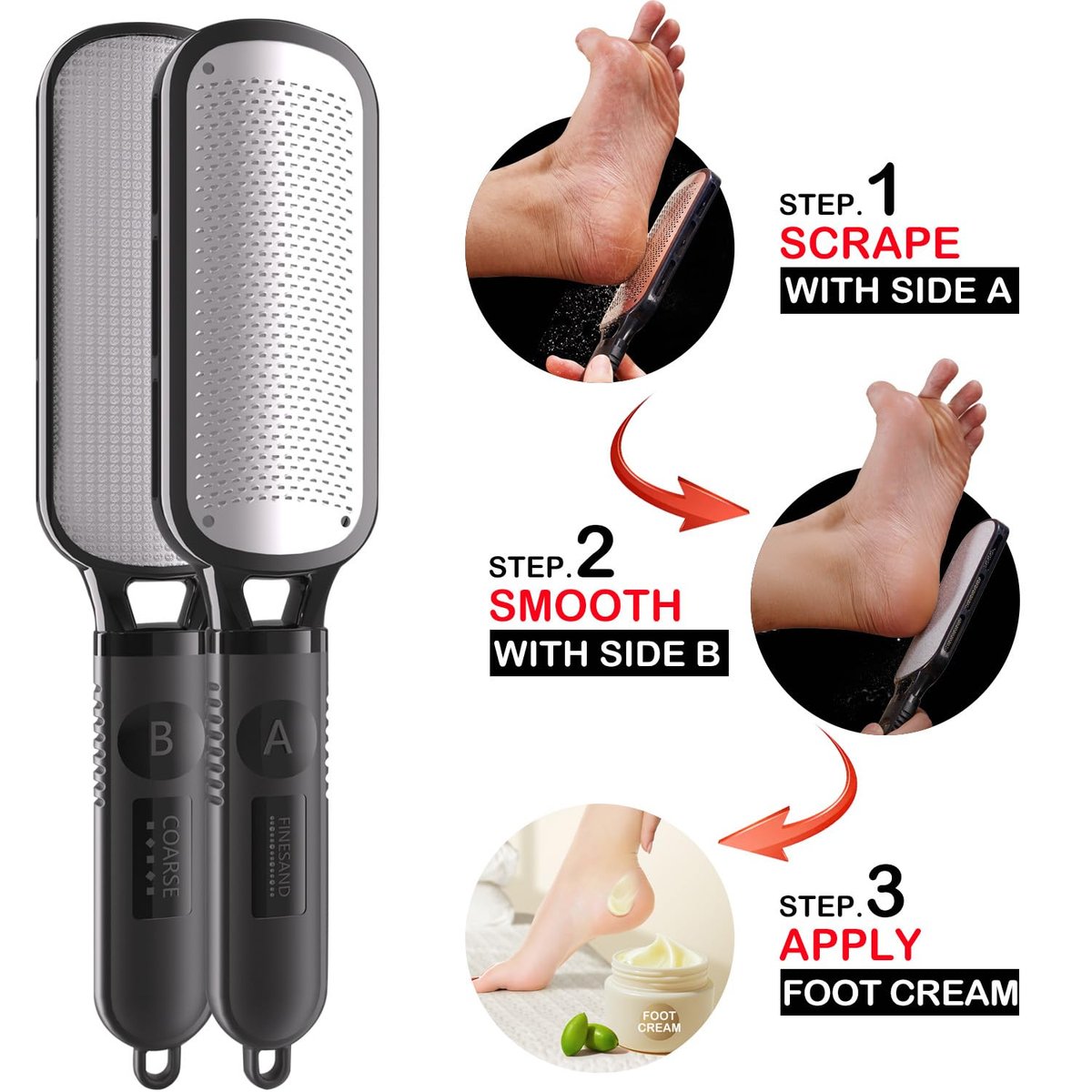 Antonki Double Sided Foot File for Dead Skin – Stainless Steel Callus Remover & Metal Foot Scraper for Cracked Heels, Professional Pedicure Tool (Black) - görsel 12