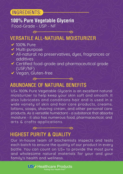 US+ 100% Pure Vegetable Glycerin - Pharmaceutical & Food Grade (USP) - Premium Quality All-Natural Moisturizer & Cleanser - For Skin, Hair, Soaps & More (1 Gallon) Avelisse