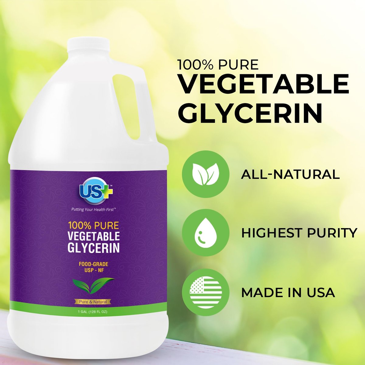 US+ 100% Pure Vegetable Glycerin - Pharmaceutical & Food Grade (USP) - Premium Quality All-Natural Moisturizer & Cleanser - For Skin, Hair, Soaps & More (1 Gallon) Avelisse
