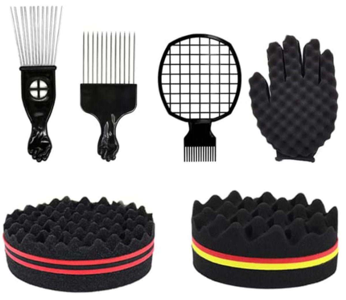 Hair Sponge Set, Magic Curl Glove, Afro Brush, Metal Pick Comb, and Twist Comb for Hairstyling (Black-6Pcs) - görsel 1