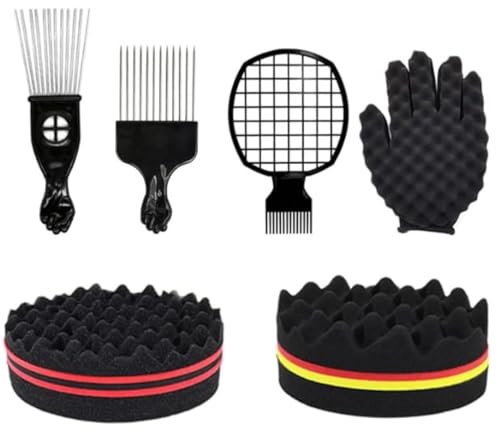 Hair Sponge Set, Magic Curl Glove, Afro Brush, Metal Pick Comb, and Twist Comb for Hairstyling (Black-6Pcs) - görsel 2