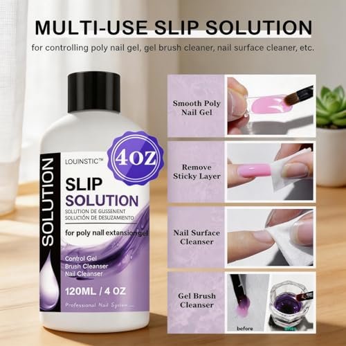 LOUINSTIC PolyGel Slip Solution - 4oz Nail Extension Anti-Stick Liquid & Art Brush Cleanser for Poly Extension Gel Kit, with Dual-Ended Nail Brush - Home DIY Nail Art & Salon Use - görsel 4