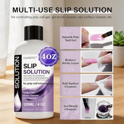 LOUINSTIC PolyGel Slip Solution - 4oz Nail Extension Anti-Stick Liquid & Art Brush Cleanser for Poly Extension Gel Kit, with Dual-Ended Nail Brush - Home DIY Nail Art & Salon Use