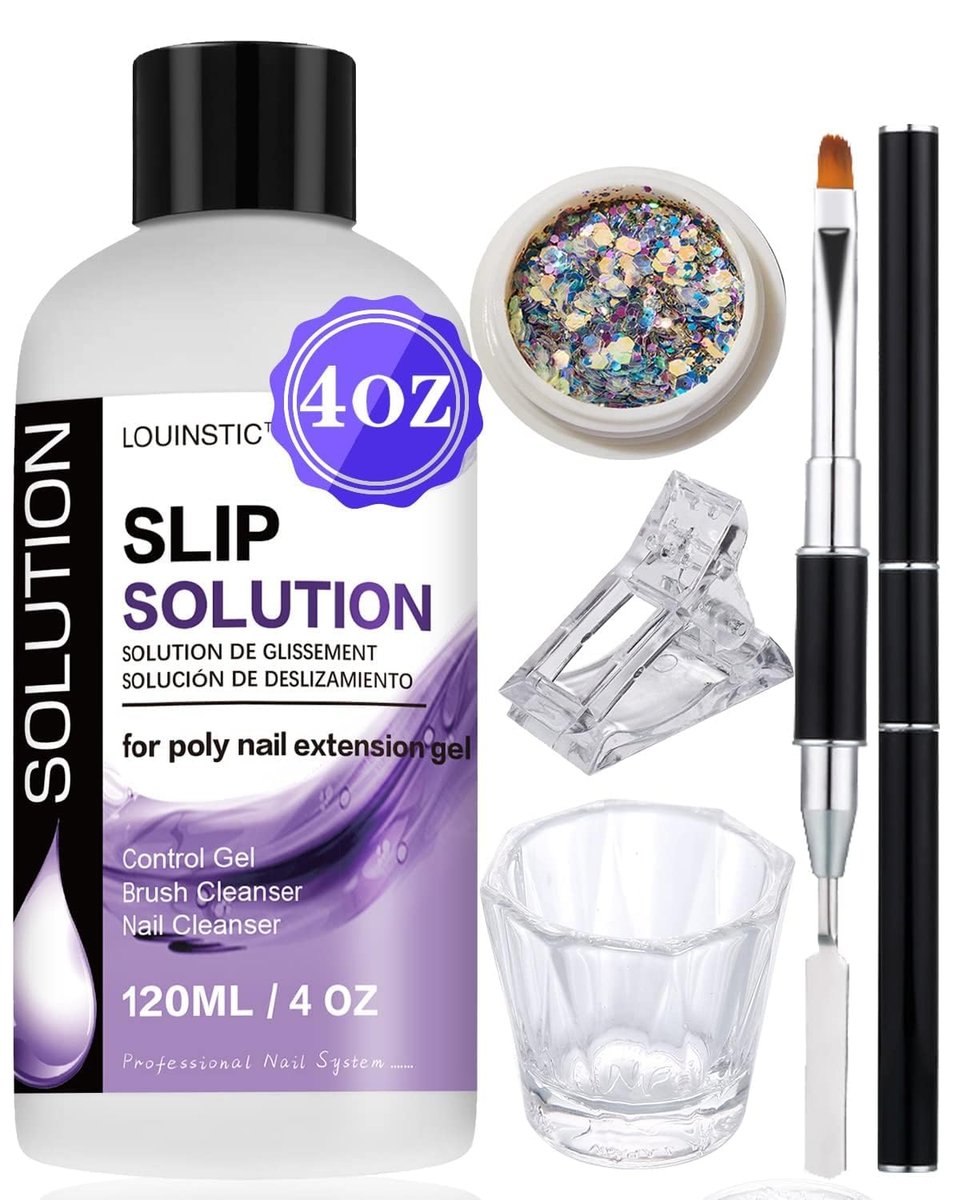 LOUINSTIC PolyGel Slip Solution - 4oz Nail Extension Anti-Stick Liquid & Art Brush Cleanser for Poly Extension Gel Kit, with Dual-Ended Nail Brush - Home DIY Nail Art & Salon Use - görsel 1