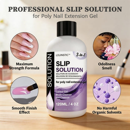 LOUINSTIC PolyGel Slip Solution - 4oz Nail Extension Anti-Stick Liquid & Art Brush Cleanser for Poly Extension Gel Kit, with Dual-Ended Nail Brush - Home DIY Nail Art & Salon Use