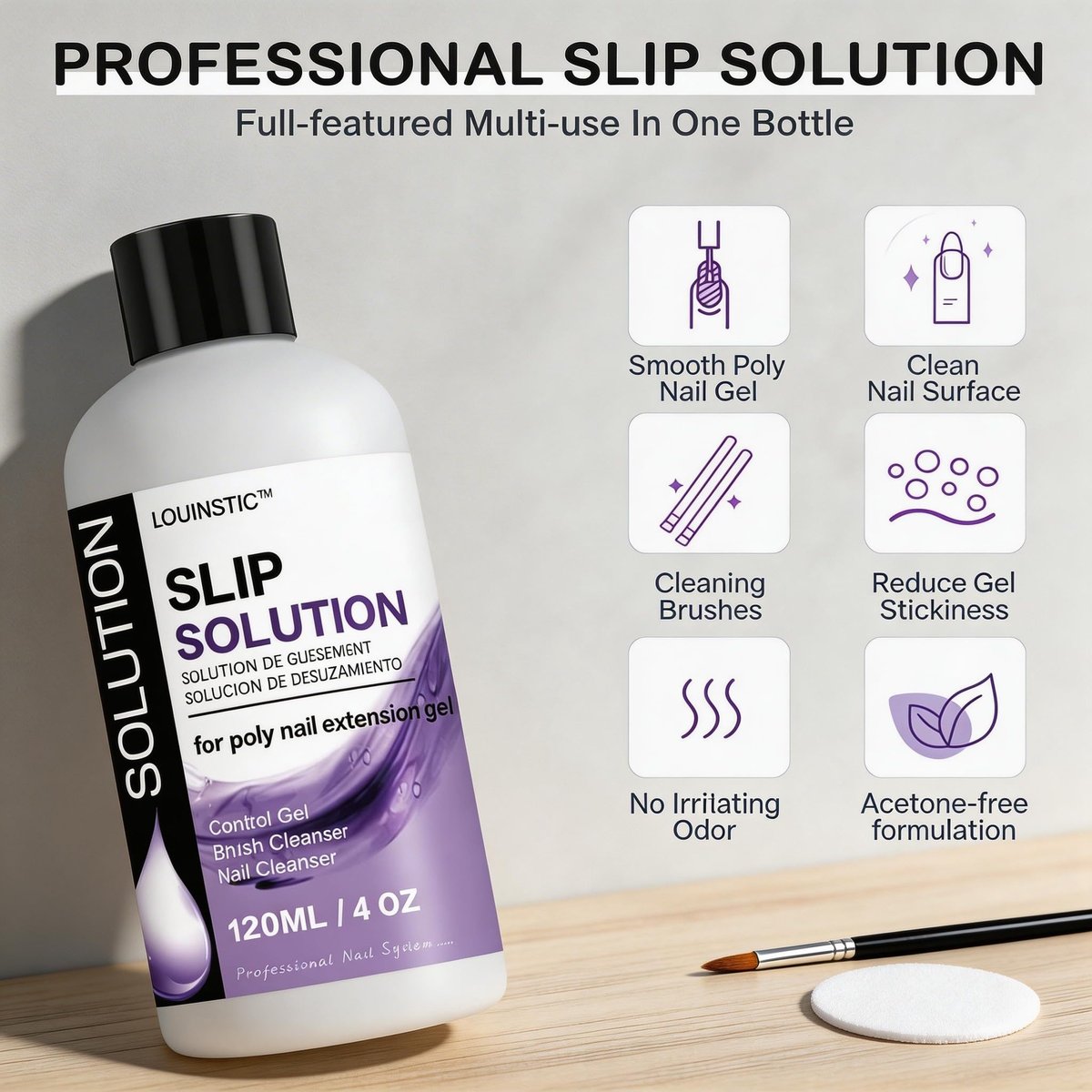LOUINSTIC PolyGel Slip Solution - 4oz Nail Extension Anti-Stick Liquid & Art Brush Cleanser for Poly Extension Gel Kit, with Dual-Ended Nail Brush - Home DIY Nail Art & Salon Use - görsel 9