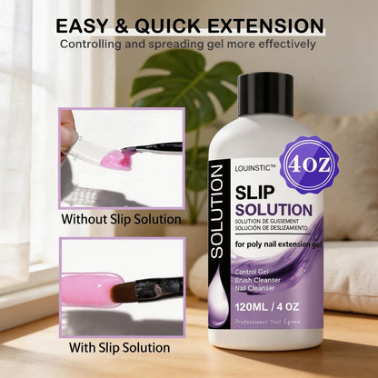 LOUINSTIC PolyGel Slip Solution - 4oz Nail Extension Anti-Stick Liquid & Art Brush Cleanser for Poly Extension Gel Kit, with Dual-Ended Nail Brush - Home DIY Nail Art & Salon Use