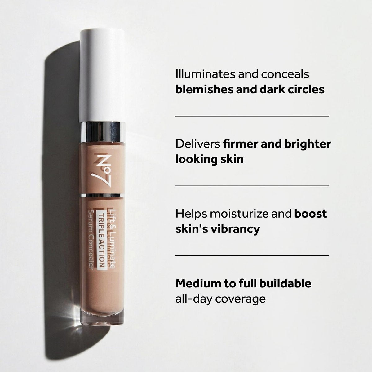 No7 Lift & Luminate Triple Action Serum Concealer - Truly Medium - Anti-Aging Liquid Concealer for Dark Circles & Blemishes, Medium to Full Coverage, 0.27 fl oz - görsel 5