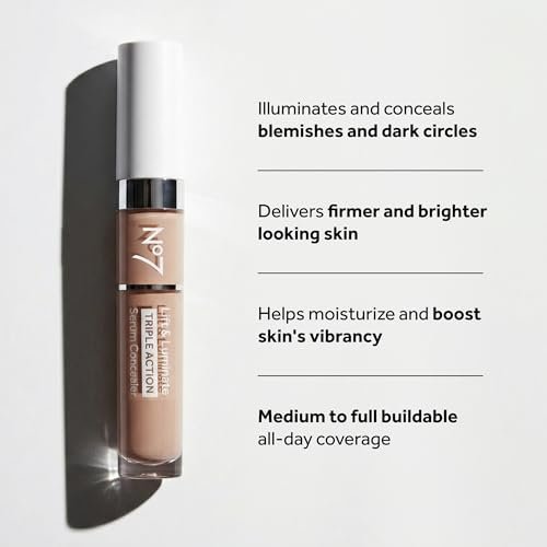 No7 Lift & Luminate Triple Action Serum Concealer - Truly Medium - Anti-Aging Liquid Concealer for Dark Circles & Blemishes, Medium to Full Coverage, 0.27 fl oz - görsel 6
