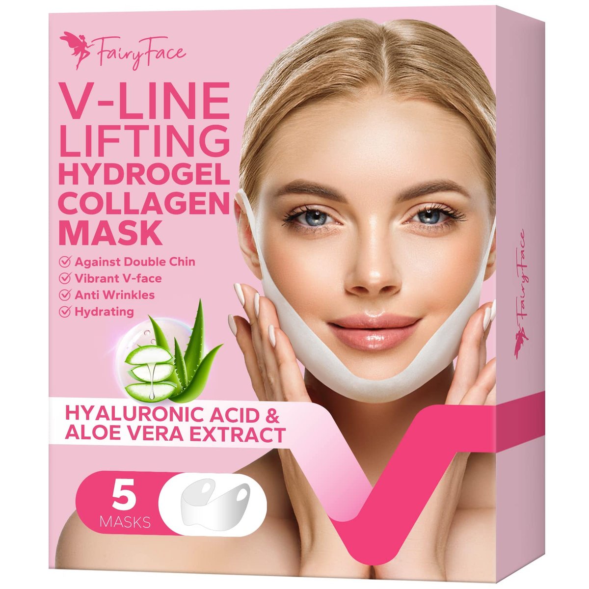MCOMCE FairyFace V Line Shaping Face Masks (5 Count) - Double Chin Reducer, Lifting Hydrogel Collagen Mask with Aloe Vera and Seaweed, Anti-Aging and Anti-Wrinkle - görsel 1