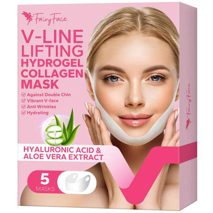MCOMCE FairyFace V Line Shaping Face Masks (5 Count) - Double Chin Reducer, Lifting Hydrogel Collagen Mask with Aloe Vera and Seaweed, Anti-Aging and Anti-Wrinkle