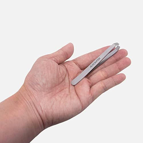 AUSOMTEK Precision Stainless Steel Beard Tweezers with 5mm Slant Tip - Cyan PU Case - Perfect for White Hair Plucking, Fine Hair Removal & Eyebrow Shaping Avelisse