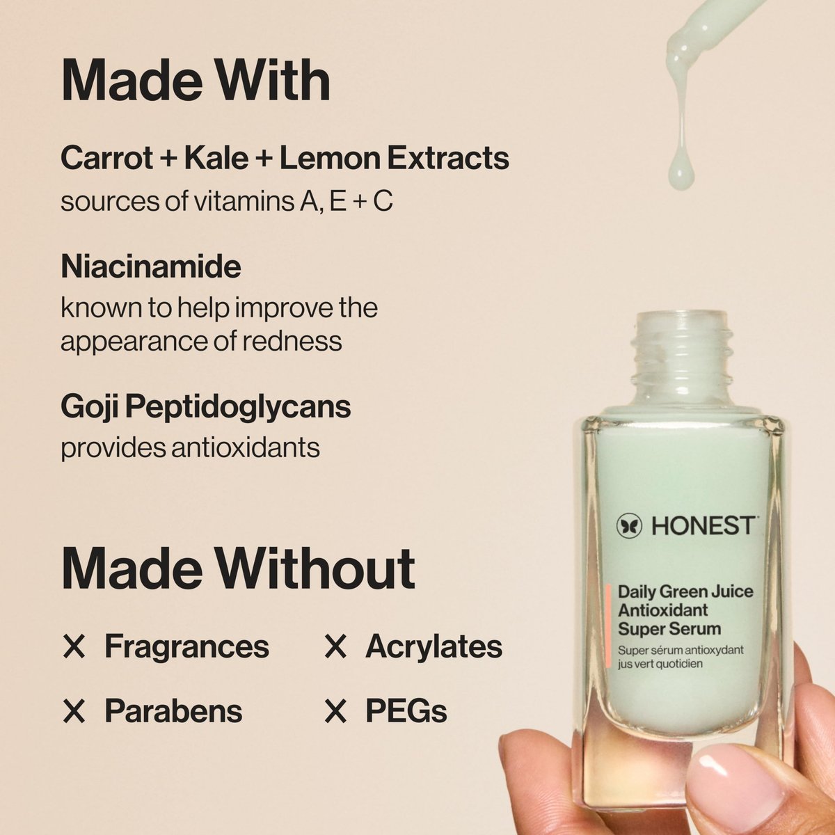 Honest Beauty Daily Green Juice Antioxidant Super Serum - Improves Skin Tone & Texture, Gentle for Sensitive Skin, Fragrance-Free Vegan, 1 fl oz Avelisse