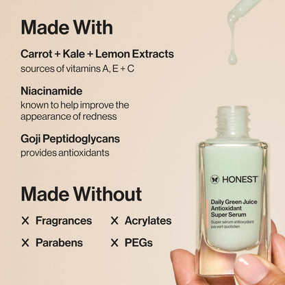 Honest Beauty Daily Green Juice Antioxidant Super Serum - Improves Skin Tone & Texture, Gentle for Sensitive Skin, Fragrance-Free Vegan, 1 fl oz Avelisse