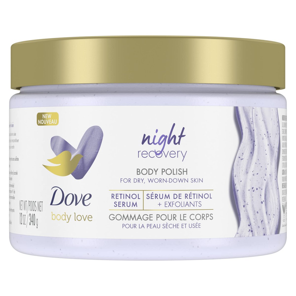Dove Body Love Night Recovery Body Scrub with Retinol Serum and Exfoliants for Dry, Worn-Down Skin - 340 g Avelisse