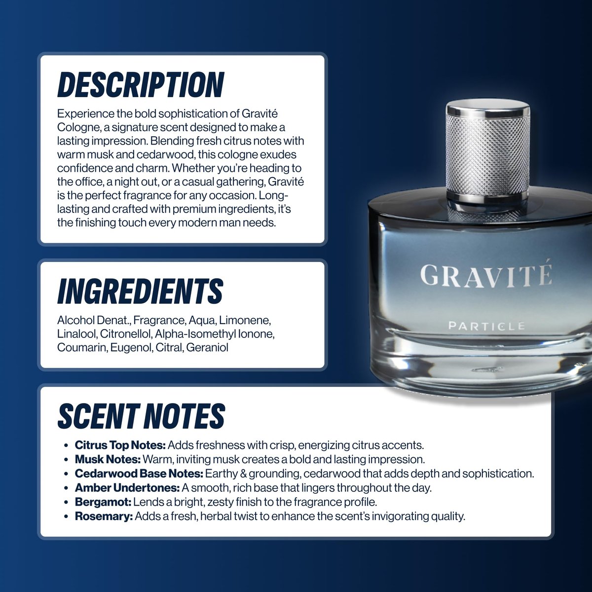 Particle Gravité Cologne Spray for Men – Long Lasting Woody Citrus Fragrance with Pepper, Rosemary & Grapefruit, 3.38 FL OZ Avelisse