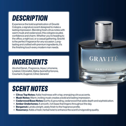 Particle Gravité Cologne Spray for Men – Long Lasting Woody Citrus Fragrance with Pepper, Rosemary & Grapefruit, 3.38 FL OZ Avelisse