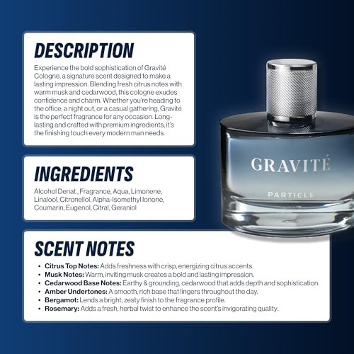 Particle Gravité Cologne Spray for Men – Long Lasting Woody Citrus Fragrance with Pepper, Rosemary & Grapefruit, 3.38 FL OZ Avelisse