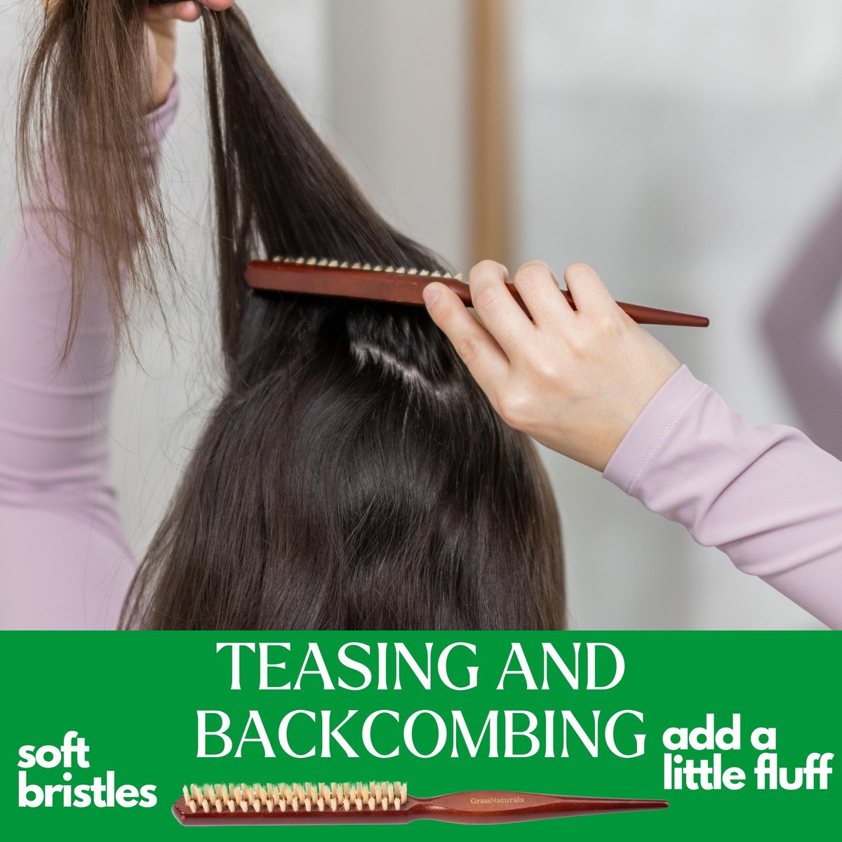 GranNaturals Soft Boar Bristle Teasing Brush – Slick Back, Backcombing, Edge Control & Baby Hair Smoothing – White Bristles with Wooden Rat Tail Handle - görsel 3