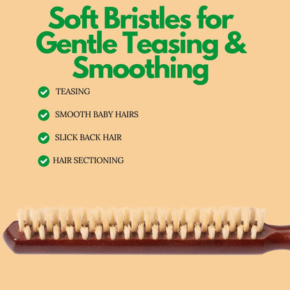 GranNaturals Soft Boar Bristle Teasing Brush – Slick Back, Backcombing, Edge Control & Baby Hair Smoothing – White Bristles with Wooden Rat Tail Handle