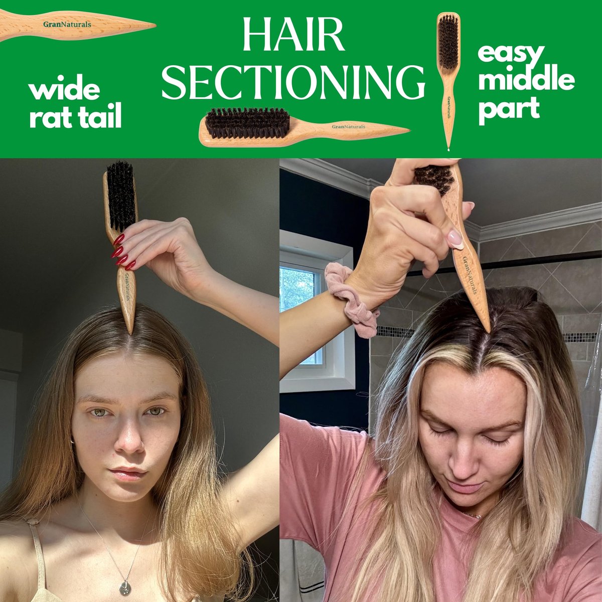 GranNaturals Boar Bristle Slick Back Hair Brush for Sleek Ponytail, Bun & Smoothing Baby Hairs, Flyaways, Edge Control - Backcombing & Teasing Hairbrush with Wide Rat Tail for Sectioning & Parting - görsel 7