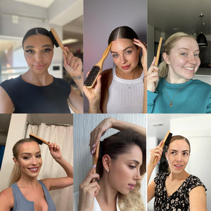 GranNaturals Boar Bristle Slick Back Hair Brush for Sleek Ponytail, Bun & Smoothing Baby Hairs, Flyaways, Edge Control - Backcombing & Teasing Hairbrush with Wide Rat Tail for Sectioning & Parting