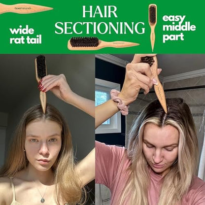 GranNaturals Boar Bristle Slick Back Hair Brush for Sleek Ponytail, Bun & Smoothing Baby Hairs, Flyaways, Edge Control - Backcombing & Teasing Hairbrush with Wide Rat Tail for Sectioning & Parting