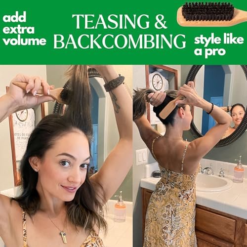 GranNaturals Boar Bristle Slick Back Hair Brush for Sleek Ponytail, Bun & Smoothing Baby Hairs, Flyaways, Edge Control - Backcombing & Teasing Hairbrush with Wide Rat Tail for Sectioning & Parting - görsel 14