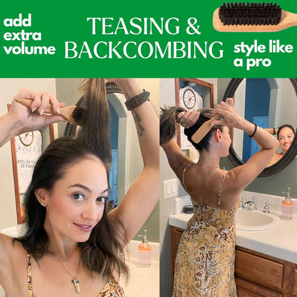 GranNaturals Boar Bristle Slick Back Hair Brush for Sleek Ponytail, Bun & Smoothing Baby Hairs, Flyaways, Edge Control - Backcombing & Teasing Hairbrush with Wide Rat Tail for Sectioning & Parting