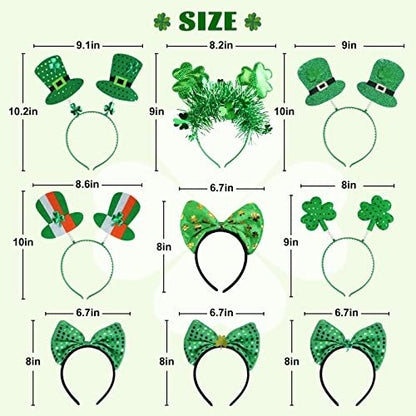 Oiuros 9PCS St. Patrick's Day Headband Set – Green Shamrock Clover Headwear for Women & Girls