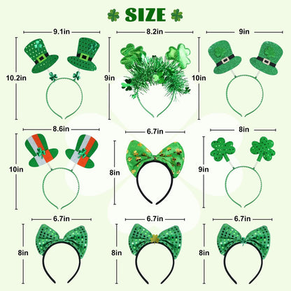 Oiuros 9PCS St. Patrick's Day Headband Set – Green Shamrock Clover Headwear for Women & Girls