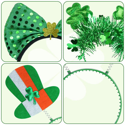 Oiuros 9PCS St. Patrick's Day Headband Set – Green Shamrock Clover Headwear for Women & Girls