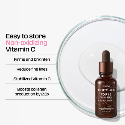 JUMISO All Day VC-IP 1.0 Firming Serum – Vitamin C, Aronia, Bakuchiol & Panthenol for Collagen Boosting & Fine Line Reduction, 1 oz