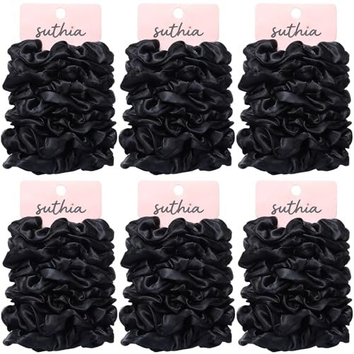 SUTHIA Satin Scrunchies 60 Pack – Silk Hair Ties for Women, Girls & Kids – No Damage, Non-Slip Ponytail Holders for Thick, Curly, Medium, Thin & Fine Hair – Black Scrunchies for Sleeping - görsel 2