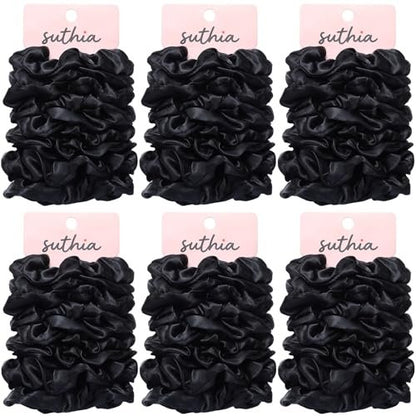 SUTHIA Satin Scrunchies 60 Pack – Silk Hair Ties for Women, Girls & Kids – No Damage, Non-Slip Ponytail Holders for Thick, Curly, Medium, Thin & Fine Hair – Black Scrunchies for Sleeping