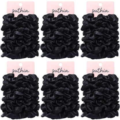 SUTHIA Satin Scrunchies 60 Pack – Silk Hair Ties for Women, Girls & Kids – No Damage, Non-Slip Ponytail Holders for Thick, Curly, Medium, Thin & Fine Hair – Black Scrunchies for Sleeping