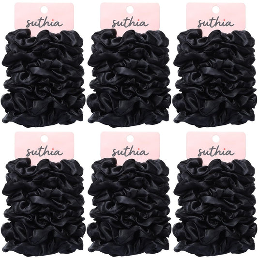 SUTHIA Satin Scrunchies 60 Pack – Silk Hair Ties for Women, Girls & Kids – No Damage, Non-Slip Ponytail Holders for Thick, Curly, Medium, Thin & Fine Hair – Black Scrunchies for Sleeping