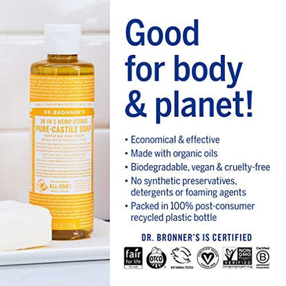 Dr. Bronner's Pure-Castile Liquid Soap Variety Pack - Citrus, Tea Tree, Rose, & Eucalyptus, Made with Organic Oils, 18-in-1 Uses: Face, Body, Hair, Laundry, Pets & Dishes (8 oz, 4-Pack) Avelisse